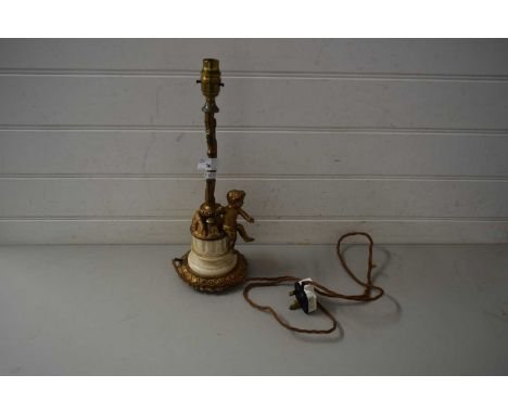 EARLY 20TH CENTURY TABLE LAMP BASE WITH GILT METAL AND MARBLED DETAIL AND CHERUB DECORATION