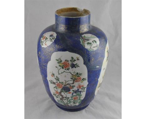 A large Chinese baluster vase, painted in the Kangxi style, concentric circle mark to base, (at fault).&nbsp;