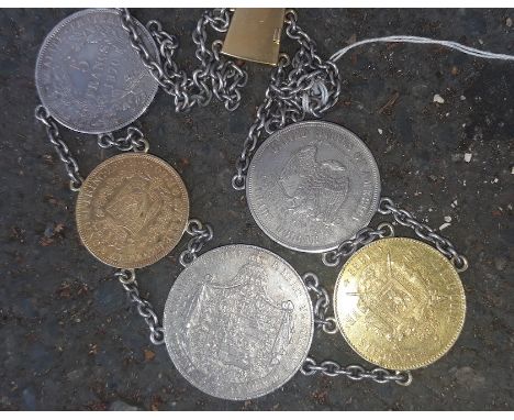 A collection of gold and silver coins, mounted as a choker necklace, having alternating silver and gold coins joined by doubl