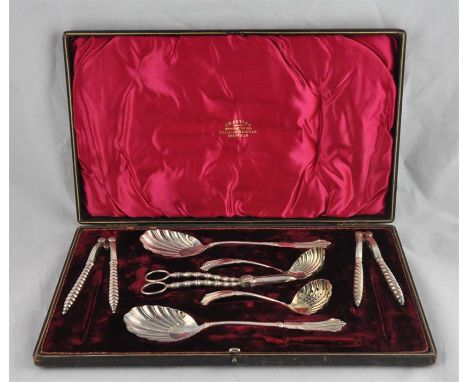 A boxed silver plated dessert flatware service set, to include; a pair of grape scissors with curved bamboo form handles, a p