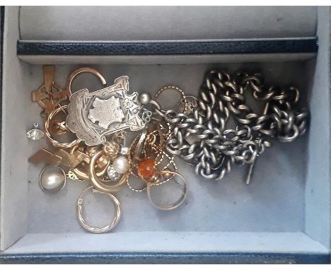 A quantity of silver, yellow metal and costume jewellery, to include; a silver curb link Albert chain with attached silver me