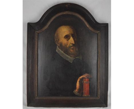 17th Century Continental School,&nbsp;a head and shoulder portrait of Dr. Gaspard Vienberius clasping a book, oil on wood pan