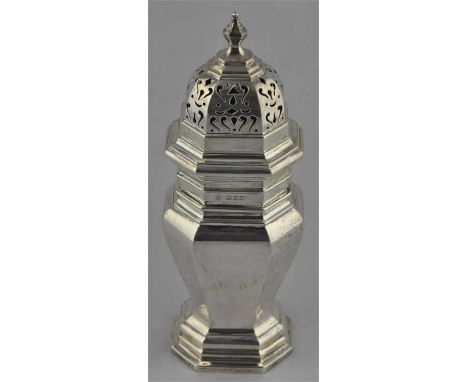 A large silver sugar caster, by Edward Barnard &amp; Sons Ltd, London 1919, of octagonal baluster form, having stepped foot a