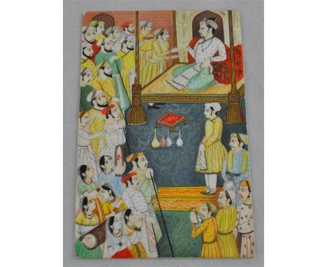 Moghul School &ndash; An ivory panel painted with a Moghul seated upon a throne with attendant courtiers, 13.5 cm x 9 cm.