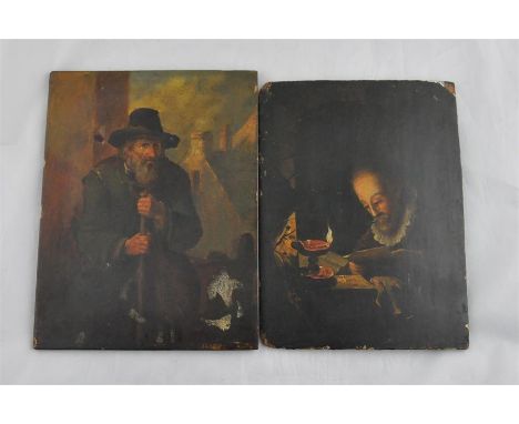 18th century Dutch School, a learned gentleman reading a letter under candle light wearing a white ruff and pince nez, oil on