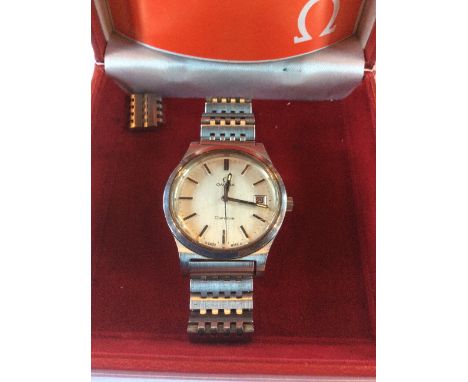A gentleman's Omega Geneve stainless steel bracelet watch,&nbsp;Ref; ST 1360102, c.1976, having silvered dial with raised bat