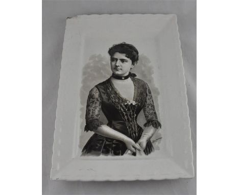 A pair of white ceramic trays, with illustrations of Mrs Frances Cleveland, the American first lady, and Lily Langtree, the a