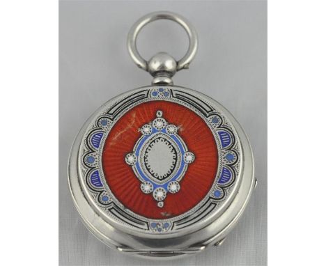 A Swiss Georges Favre Jacot (Locle) continental silver and enamel hunter pocket watch, key wind 5 jewel movement, having whit