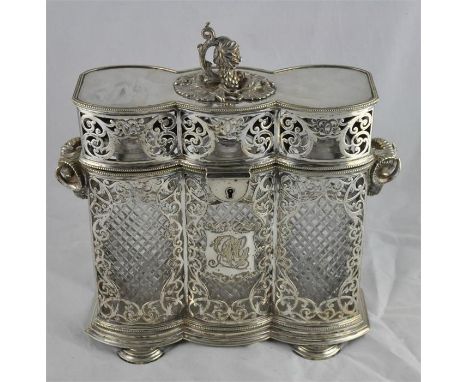 A fine late 19th century silver plated tantalus, by Philip Ashberry &amp; Son, having triple window form curved sides with pi