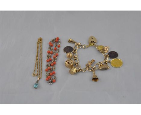 A 9ct. gold charm bracelet, the Figaro chain hallmarked for 9 carat gold suspending various 9 carat hallmarked charms to incl