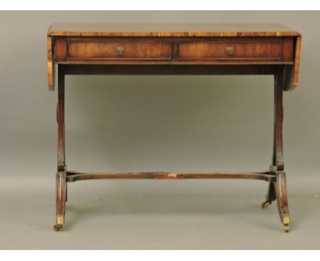 A reproduction inlaid mahogany sofa table, 95 x 56cm closed