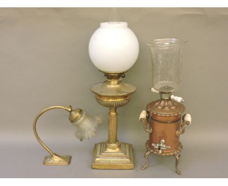 A brass Art Nouveau lamp, a Corinthian column oil lamp, and a copper coffee urn