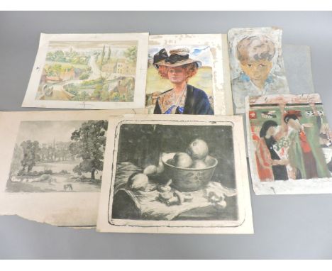 Felix ...ON THE TUBE; PORTRAIT OF A BOYColoured woodblock, signed in pencil and dated 1954;and other prints signed Neville Ma