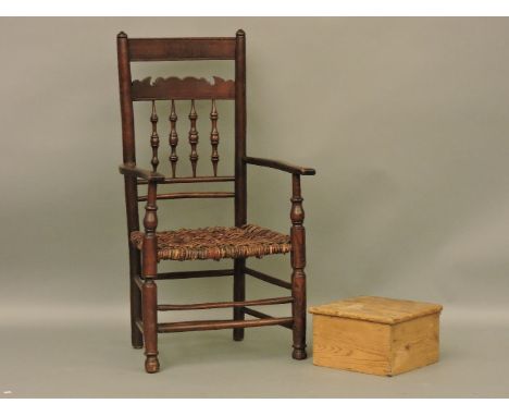 An 18th/19th century elm ladder back elbow chair, with a 'woven' seat, and a low pine commode