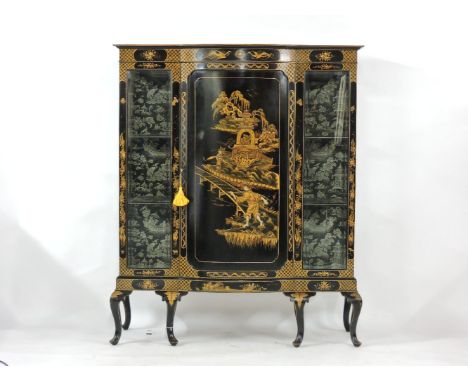 An early 20th century chinoiserie bow front display cabinet, 108cm high