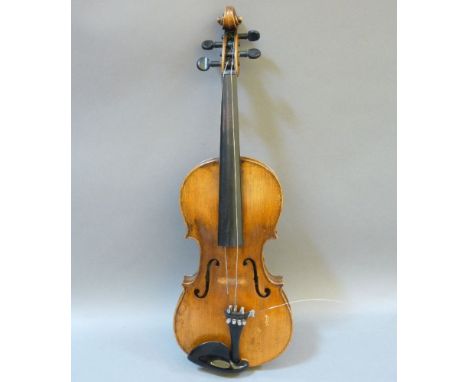 A cased violin and bow, violin bearing a label 'Jacob Steiner', with repairs