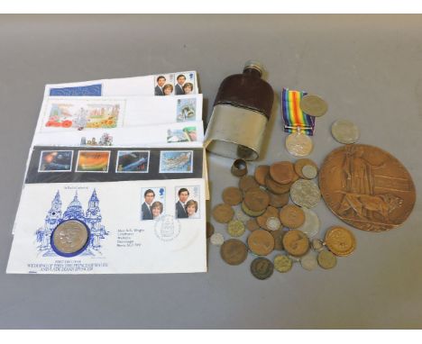 A 'Death Penny', for Samuel Donald Wright, two WWI medals, a hip flask, a thimble, an assortment of coins, a small collection