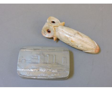 A phallic owl, and snuff box