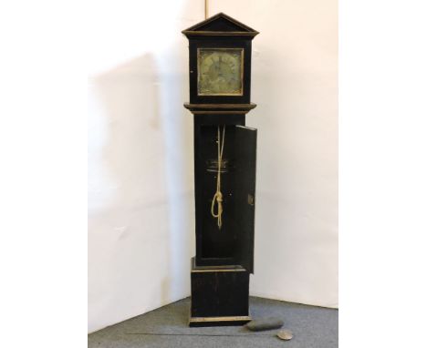 An ebonised longcase clock, with 10in square brass dial and thirty hour movement, with outside count wheel, striking on a bel