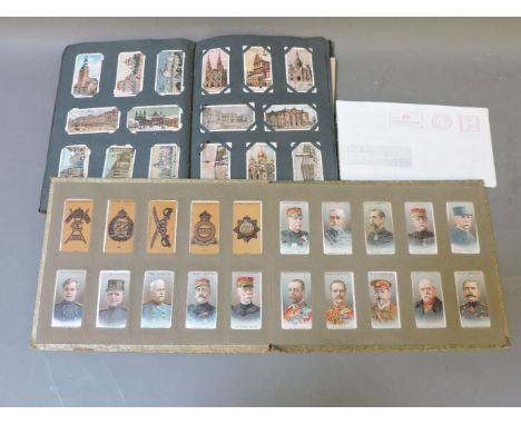 A collection of cigarette cards, including loose pack and albums, RAF badges, Napoleon British Live Stock, a writing box cont