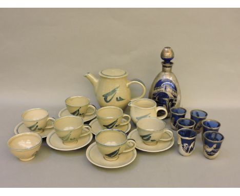 A Crowan pottery six place coffee set, comprising coffee pot, six cups and saucers, sugar bowl and cream jug, and a mid 20th 