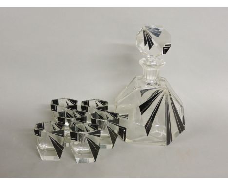A Bohemian Art Deco decanter set,  possibly by Karl Palda, and six glasses, clear with black faceted design