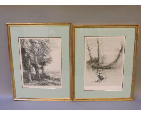 Alphonse LegrusCOUNTRY SCENE, A GENTLEMAN FISHINGBlack and white etching