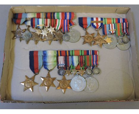 Three WWll medal groups, with their dress miniatures, the first with five stars, including Atlantic, Africa and Burma, one wi