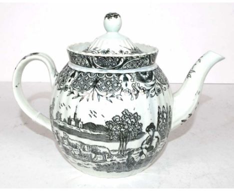 Antique English pearlware ceramic teapot decorated with rural scene of a shepherd with his flock, Antique Porcelain Gallery l