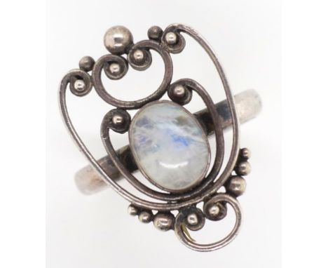 Art nouveau moonstone and silver ring circa early 20th c.. Rubbed makers mark approx ring size P