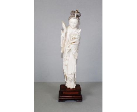 Vintage Chinese carved ivory Empress figure carved decoration to robes and floral bouquet, on fitted wood stand. Provenance: 
