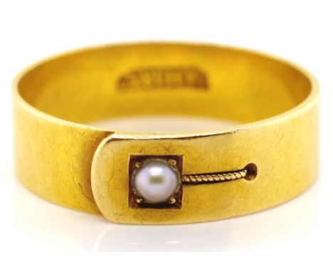 Antique 18ct gold and pearl buckle ring marked B&amp;H 18ct approx ring size O-P , 3.4 grams weight