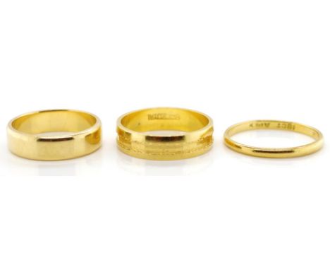 Three 18ct yellow gold rings all marked 18ct approx total weight 11.4 grams, ring size N, O, P