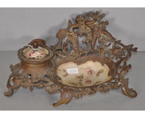 Vintage French brass &amp; ceramic ink well &amp; dish ceramic lidded inkwell and bowl, in brass frame, with cupid and blosso