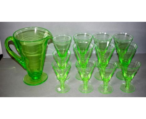 Set thirteen vintage uranium green glasses including 5 wine glasses, (height 13cm approx, each), 7 larger wine glasses, (heig