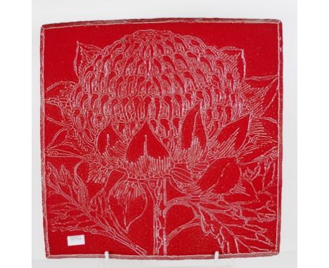 Michael Keighery (Australia) ceramic dish embossed decoration on red ground, marked MK/1001 to base. (28cm approx, square).