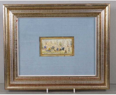 Antique Persian hand painted ivory plaque signed lower left, 4cm x 9cm approx, mounted in a frame 24.5cm x 30.5cm This item m