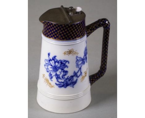 Victorian McIntyre ceramic jug blue &amp; white floral decoration, with gilded cobalt blue collar and handle, marked to base 