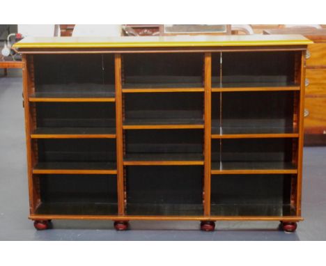 Vintage 3 section bookcase with adjustable shelves, 3 door frames (a/f) and glass panels included, 156cm wide, 29.5cm deep, 1