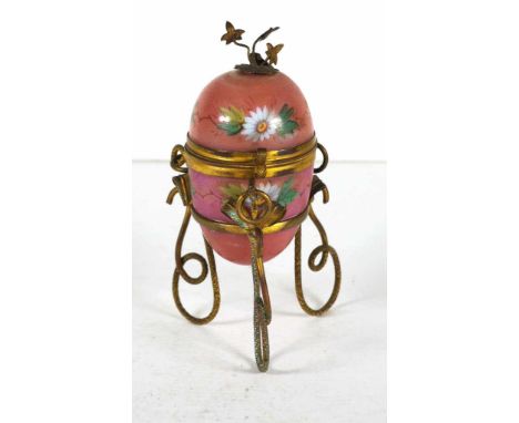 Vintage French ceramic thimble case hand painted egg form, in fitted gilded metal frame. (Height 12cm approx).