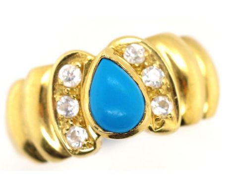 18ct gold, diamond and turquoise ring with stepped and diamond set shoulders. Marked 750. Approx 6x round brilliant cut diamo