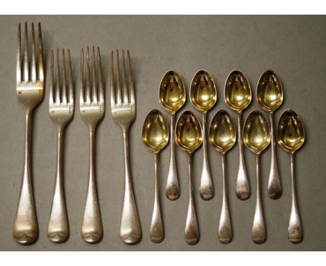 Set of nine Christofle silver plate teaspoons with gilt washed bowls; together with set 4 Christofle silver plate forks, incl