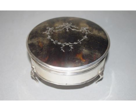 Sterling silver &amp; tortoiseshell trinket box on three feet, hallmarked London 1918, 13cm diameter approx., as inspected,