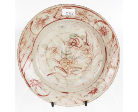 Chinese Ming dynasty painted ceramic plate hand painted iron red floral decoration, label verso indicates plate was excavated