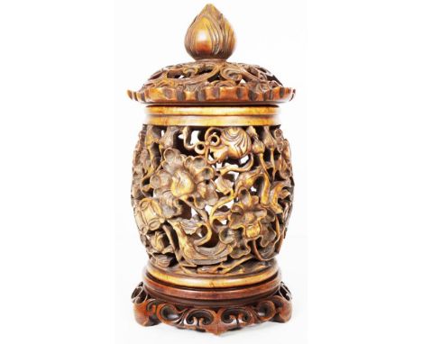 Vintage Chinese carved hardstone lidded lantern deep carving to canister and lid, on matching carved hardstone base. (Height 