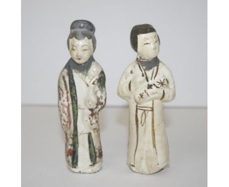 Two various Chinese ceramic figures standing man, and woman, each with painted and glazed decoration, (both as inspected), (h