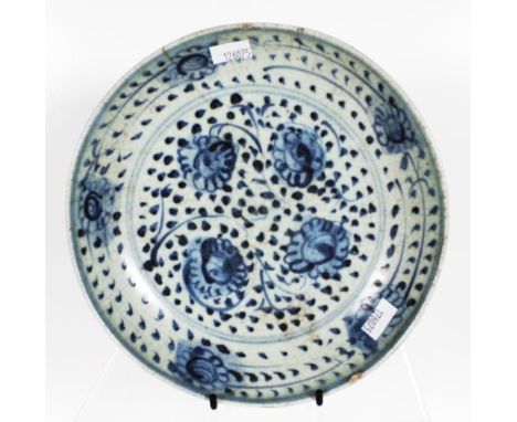 Chinese Ming dynasty ceramic bowl blue and white floral decoration. (As inspected, glaze chips and hairline crack). (Diameter