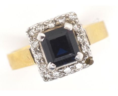 18ct gold, diamond and sapphire ring marked 750, total weight approx 5.4 grams, ring size P. 6.3mm x 5.8mm blue sapphire A/F 