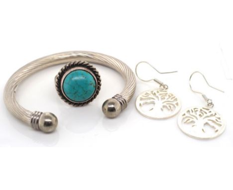 Sterling silver ring, bangle and earrings All marked 925. Ring probably set with dyed Howlite. the earrings are a Tree of lif