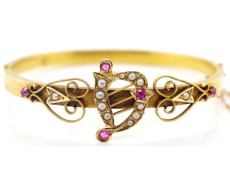 Antique Australian 15ct gold, ruby &amp; pearl bangle by H. Simonsen Melbourne. With a gem set applied harp and wire decorati